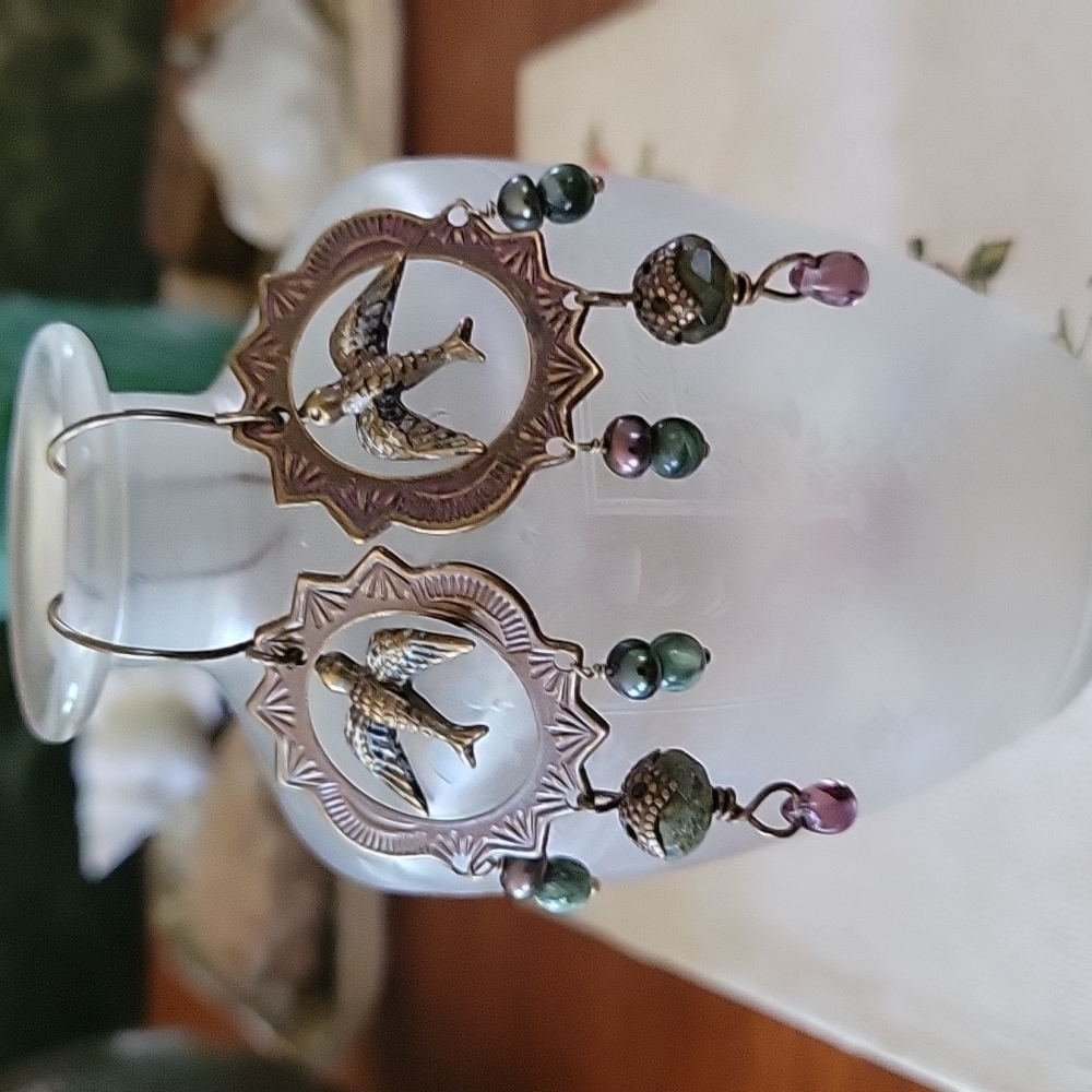 Flying into Light Bird Sunburst Ring Beaded Mini Chandelier Earrings - Picture 3 of 12